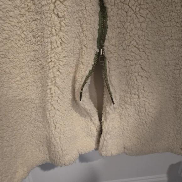 Free People Cozy Cream Sherpa Long Hooded Coat W/ Army Green 2way Zipper. Size S - Picture 8 of 9